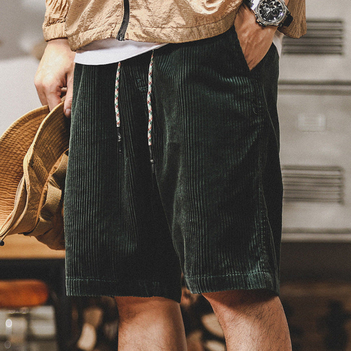 Rowan | Men's Casual Corduroy Shorts Green Drawstring Rolled Cuff