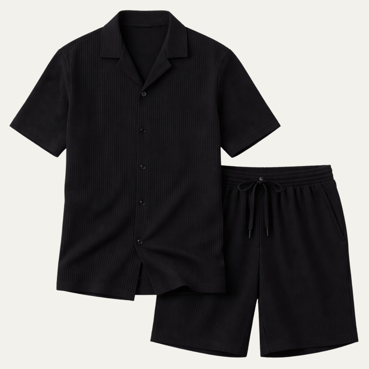 Voss | Men's Lounge Set Black Ribbed Short Sleeve Shirt Shorts