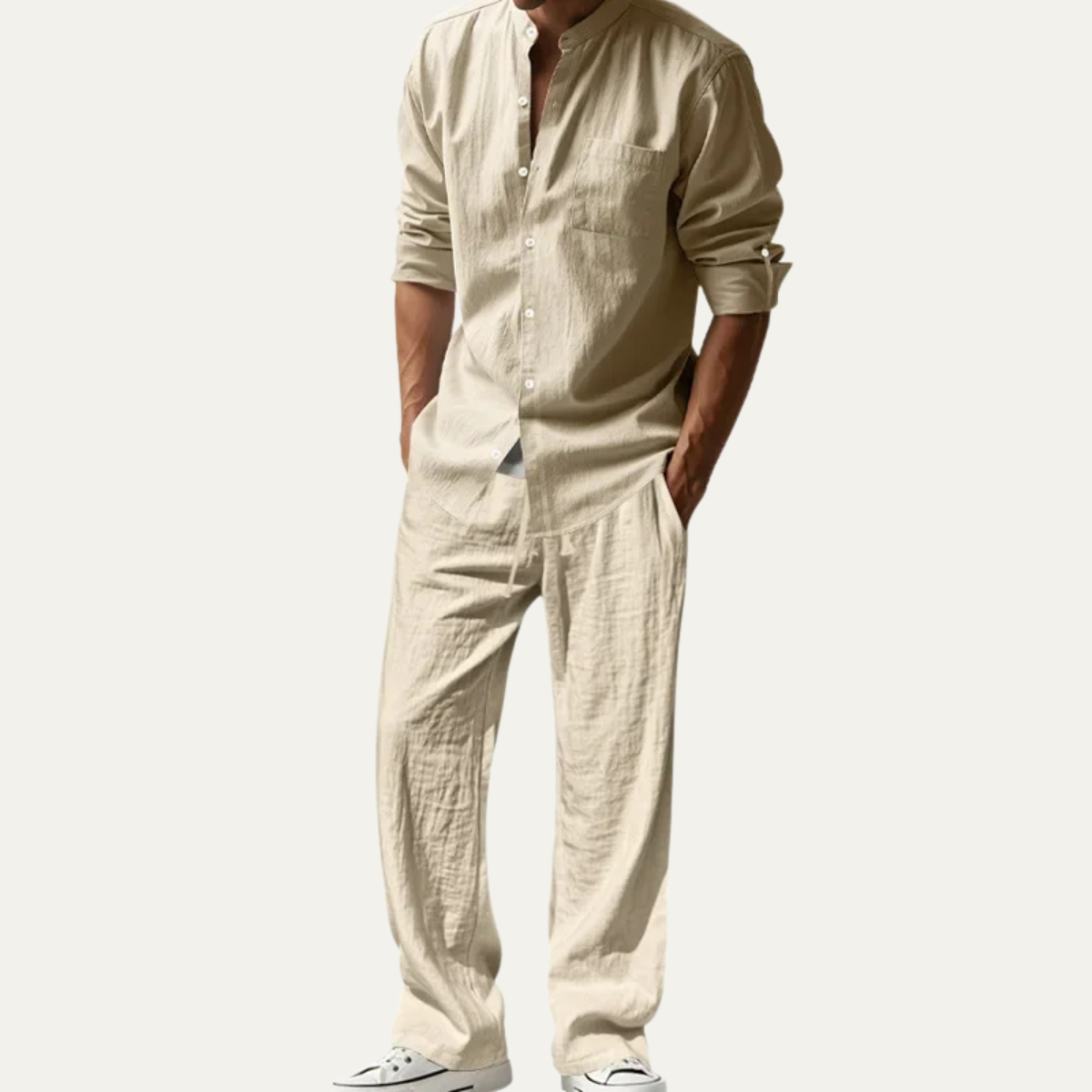 Sage | Men's Linen Lounge Set Cream Button Up Shirt Wide Leg Pants