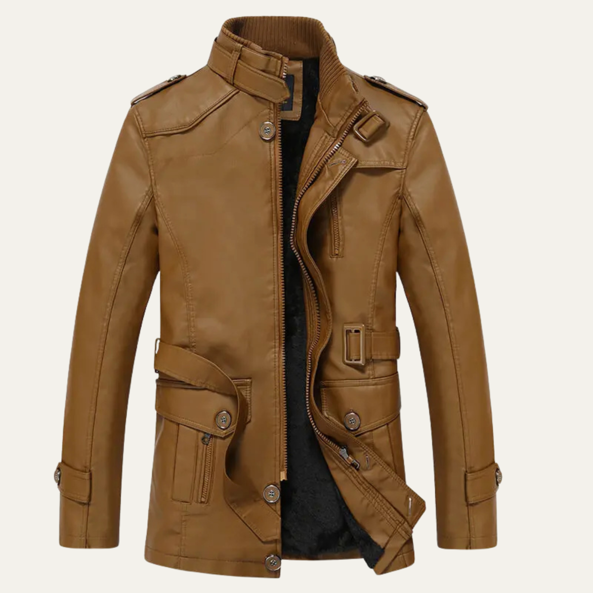 Sage | Men's Leather Jacket Black Military Style Belted