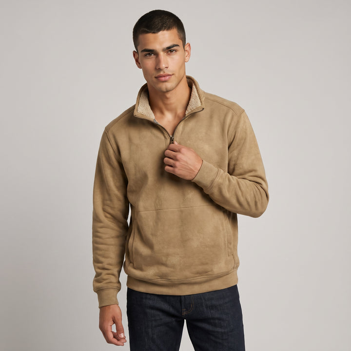 Dama Washington Bram men's quarter zip sherpa sweatshirt tan fleece lined - model front view