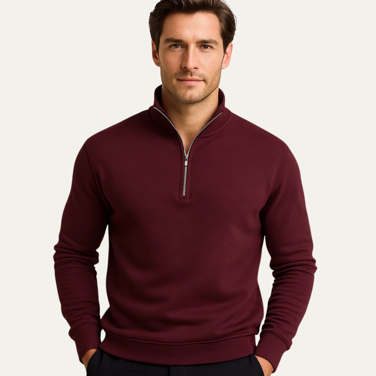 Beau | Men's Quarter Zip Sweater Burgundy Long Sleeve