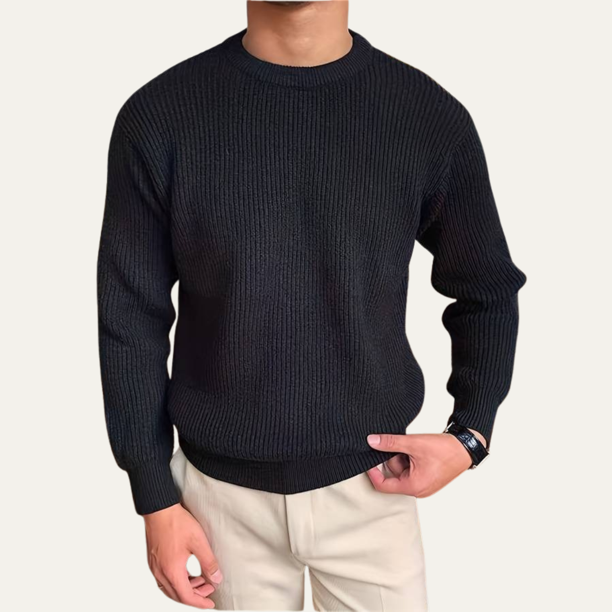 Bram | Men's Crew Neck Ribbed Knit Sweater Black