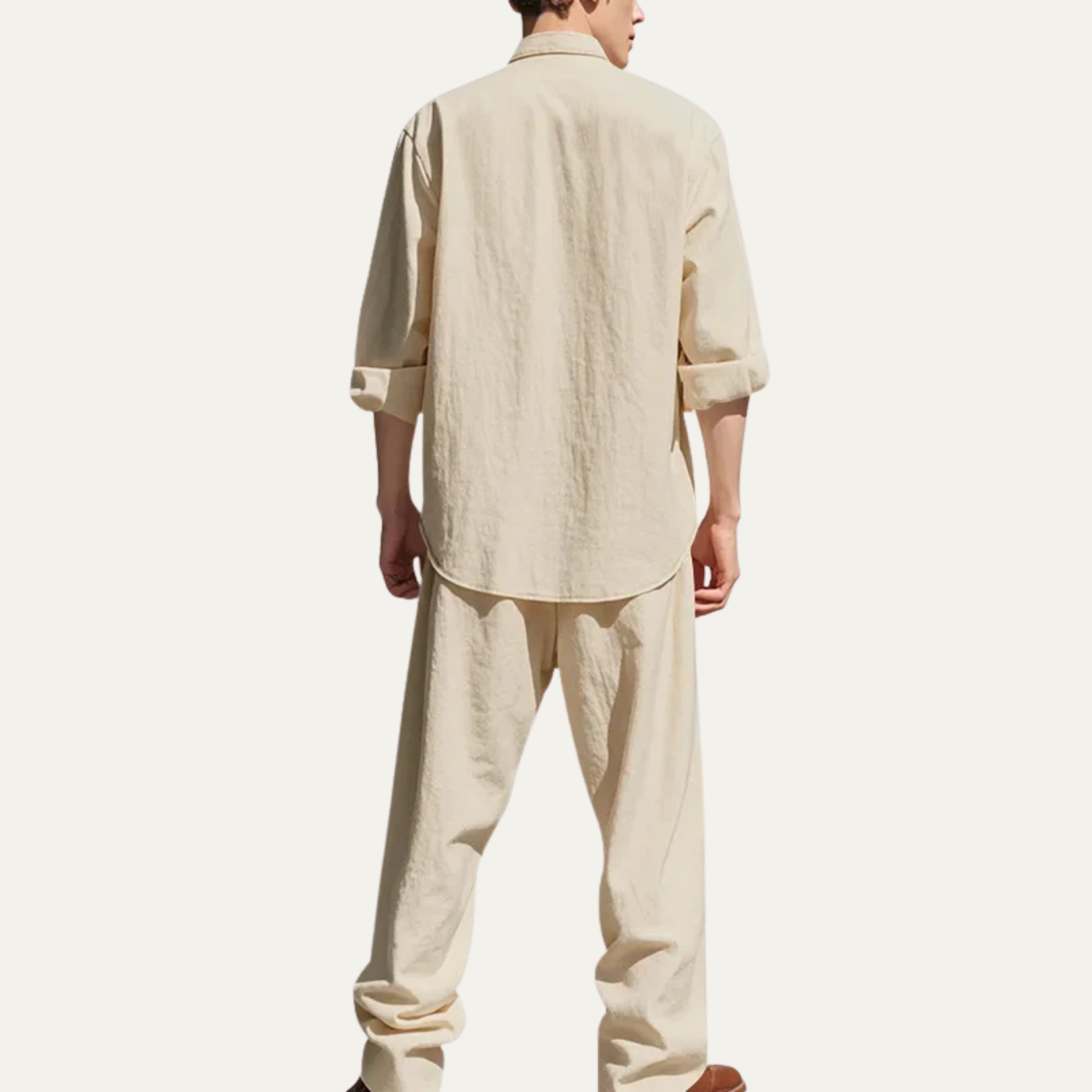 Sage | Men's Linen Lounge Set Cream Button Up Shirt Wide Leg Pants