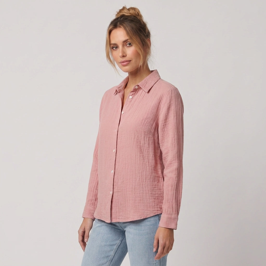 Dama Washington Rosa linen button down shirt Pink - model front view