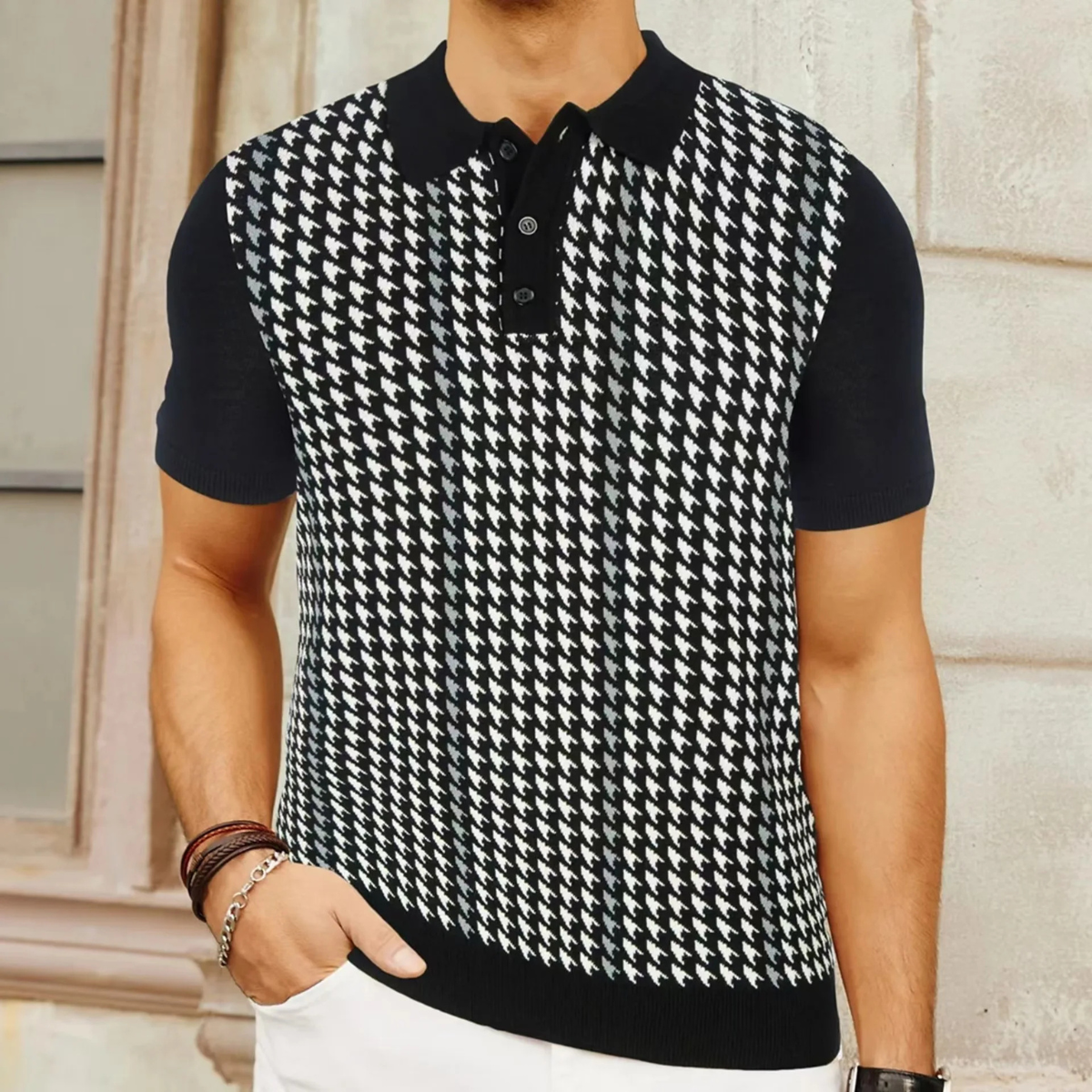 Axel | Men's Houndstooth Polo Shirt Black White