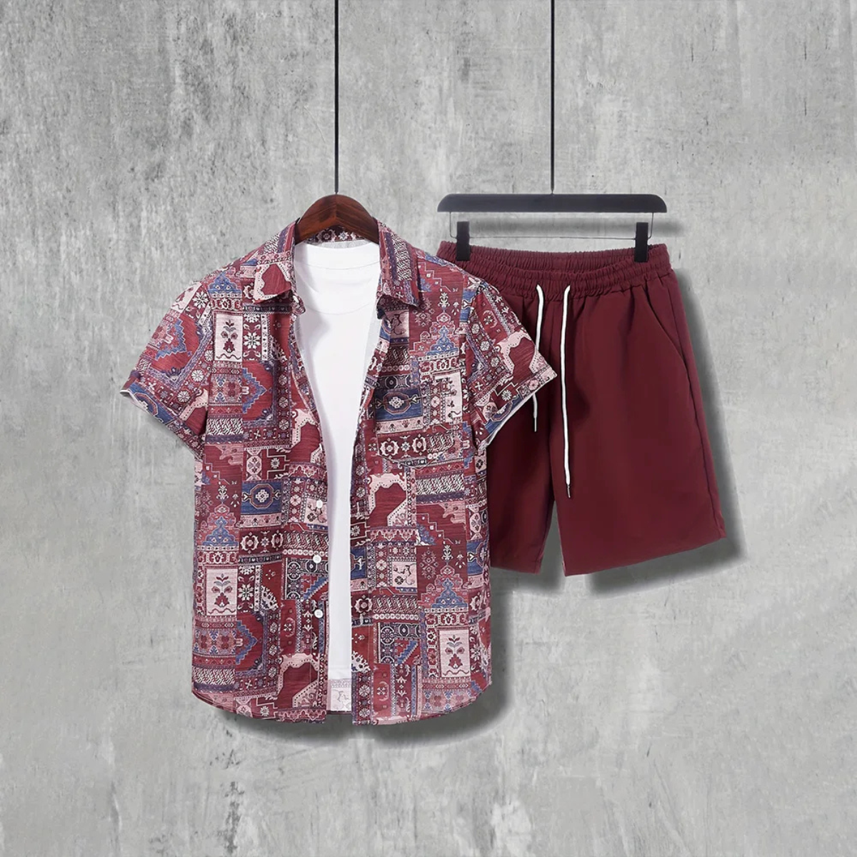 Rhys | Men's Vintage Paisley Print Shirt Burgundy Short Sleeve