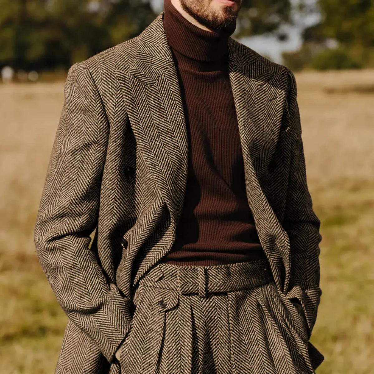 Jasper | Men's Herringbone Tweed Suit Beige Double Breasted