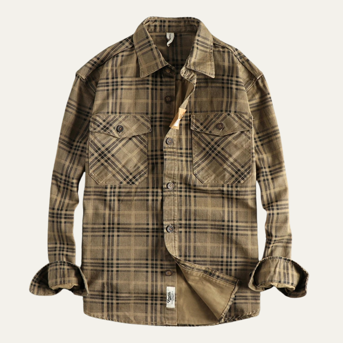 Beau | Men's Flannel Shirt Jacket Tan Plaid Long Sleeve
