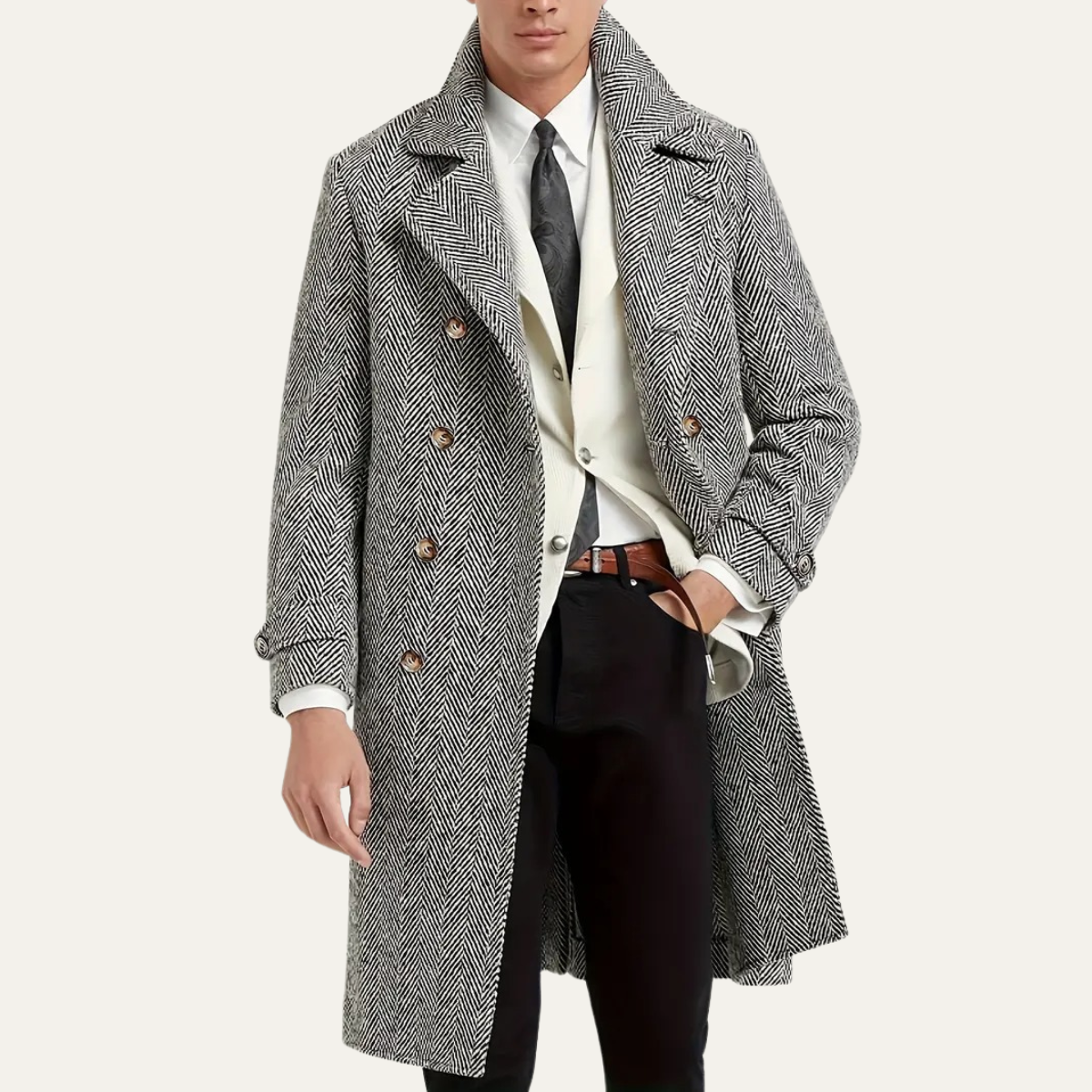 Bram | Men's Herringbone Double Breasted Wool Coat Gray
