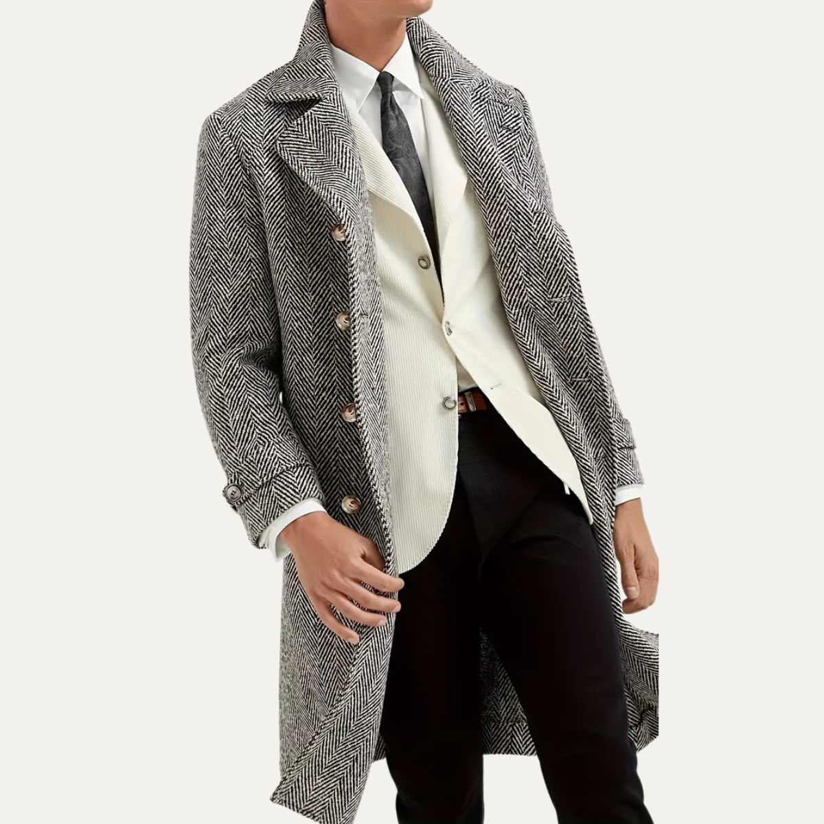 Bram | Men's Herringbone Double Breasted Wool Coat Gray