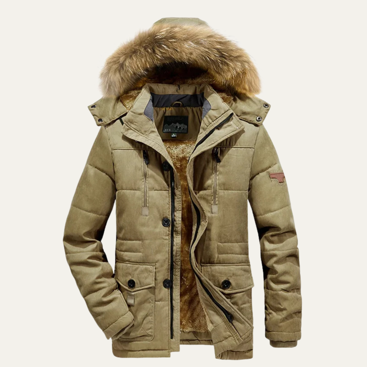 Jude | Men's Puffer Jacket Beige Faux Fur Hood Fleece Lined