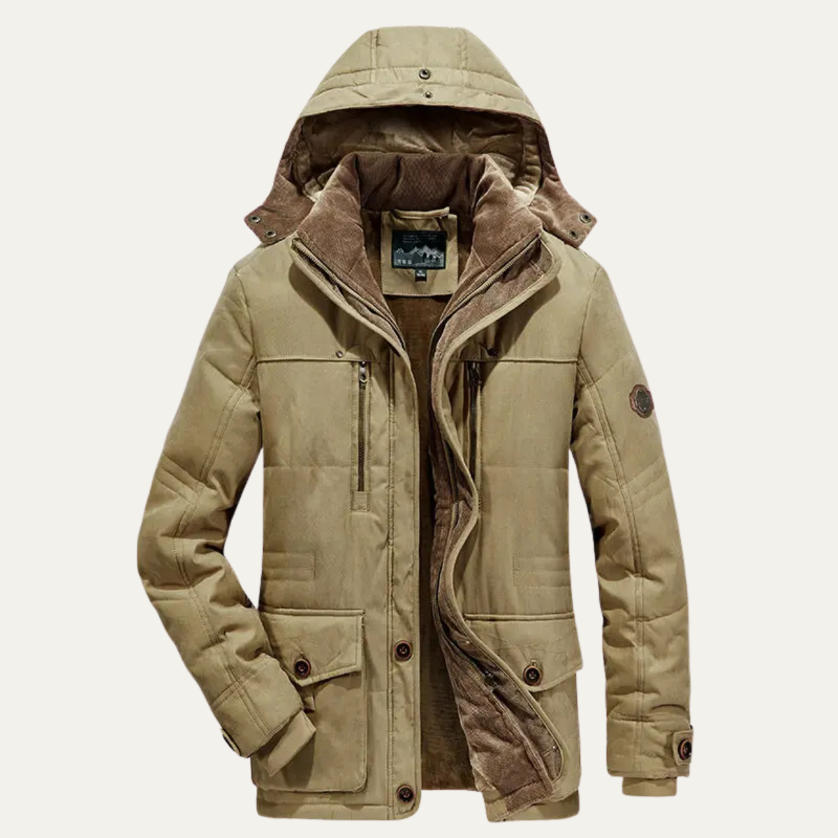 Wyatt | Men's Hooded Puffer Jacket Beige Fleece Lined Winter