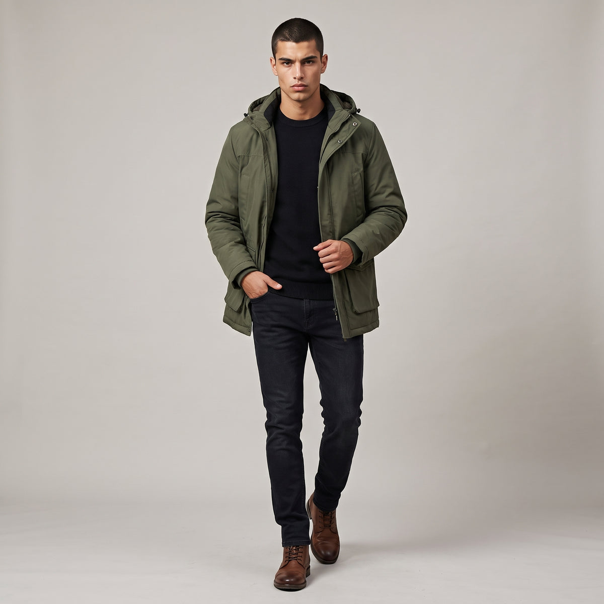 Dama Washington Hugo men's waterproof parka jacket olive green winter coat - model front view