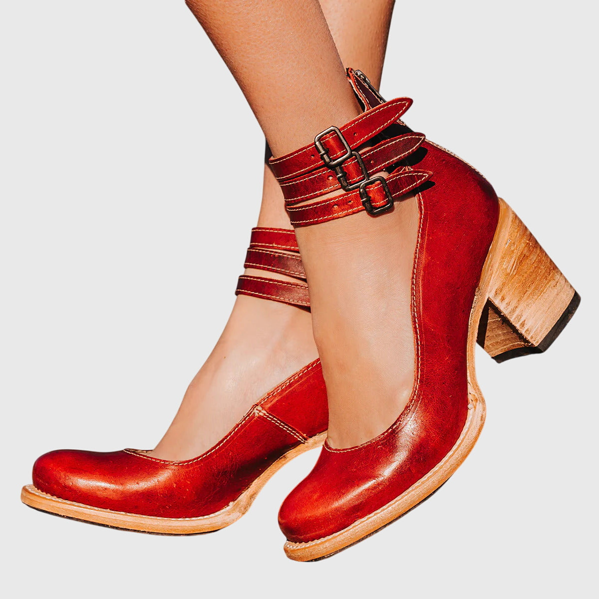 Rue | Women's Leather Block Heel Bootie Brown Buckle Strap