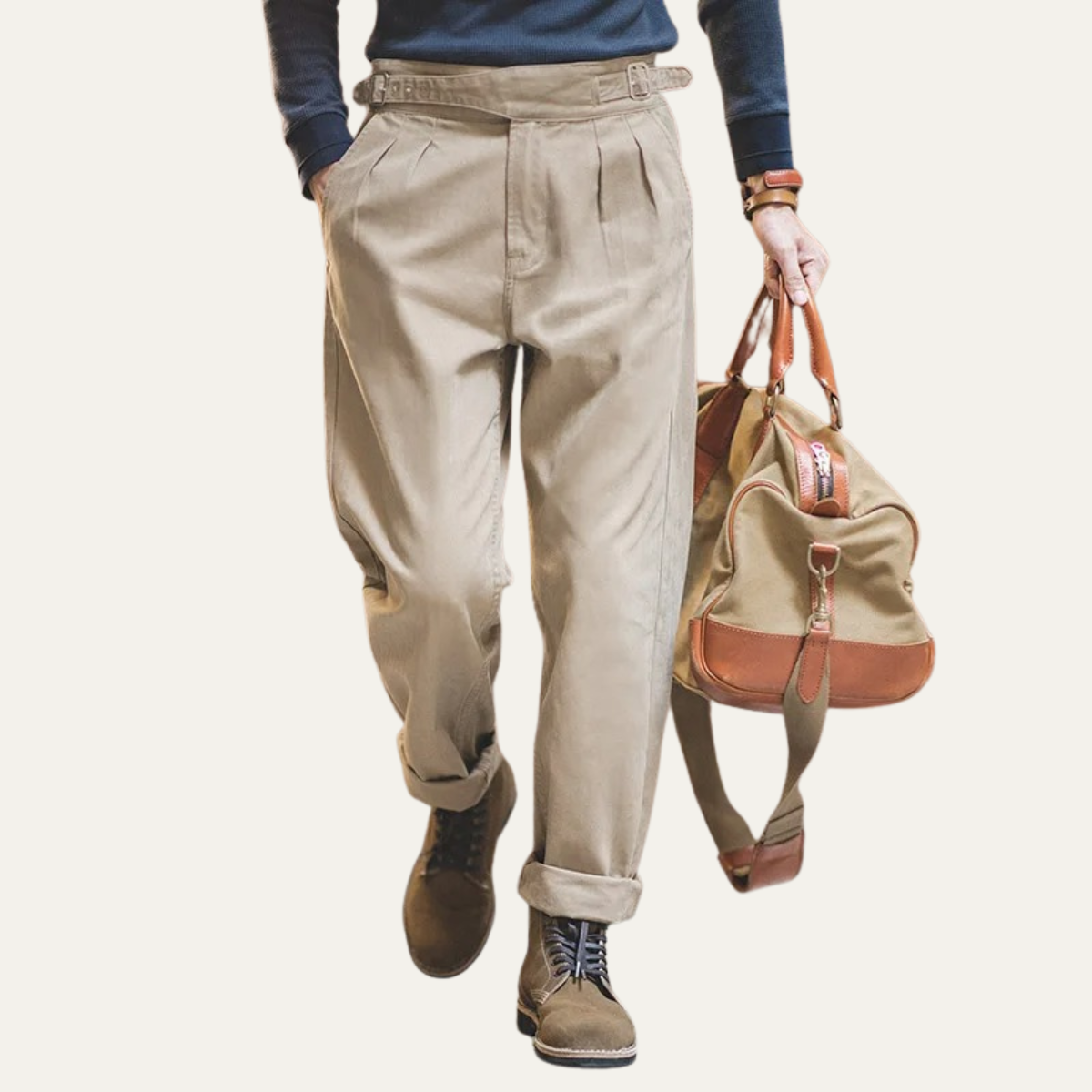 Voss | Men's Pleated Tapered Chinos Beige With Belt