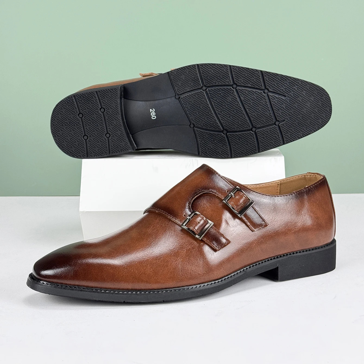Axel | Men's Double Buckle Strap Dress Shoes Brown Leather