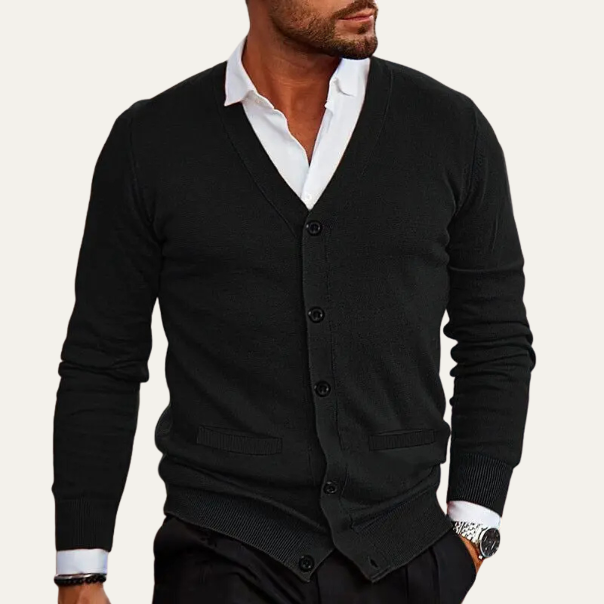 Leo | Men's Cardigan Cream V Neck Button Up Long Sleeve