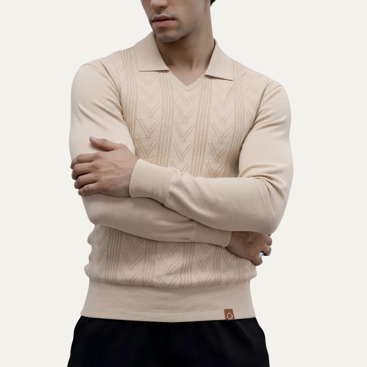 Voss | Men's Cream Cable Knit Sweater Collared V Neck