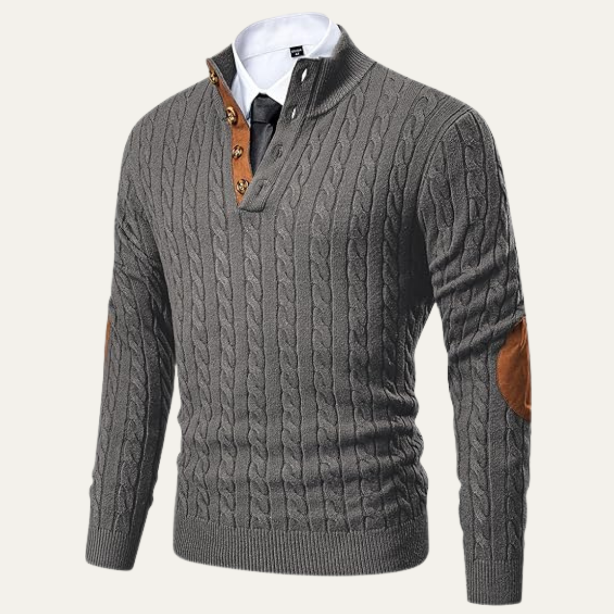 Bram | Men's Cable Knit Sweater Black Elbow Patch Quarter Zip