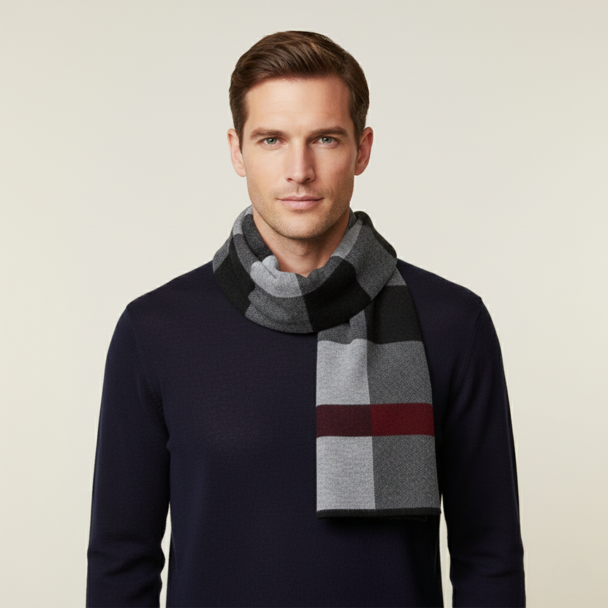 Bram | Men's Plaid Knit Scarf Gray Black Cream