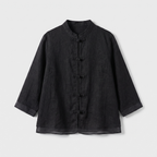 Camille | Women's Linen Shirt Green Mandarin Collar Button Up