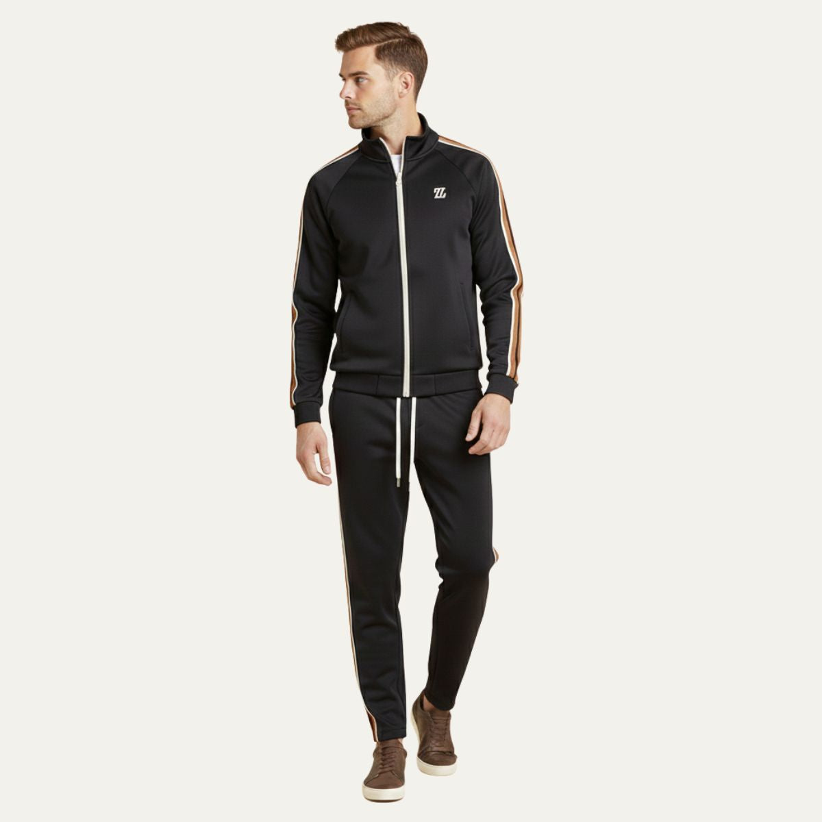 Axel | Men's Sweatsuit Cream Brown Stripe Track Jacket Joggers Set