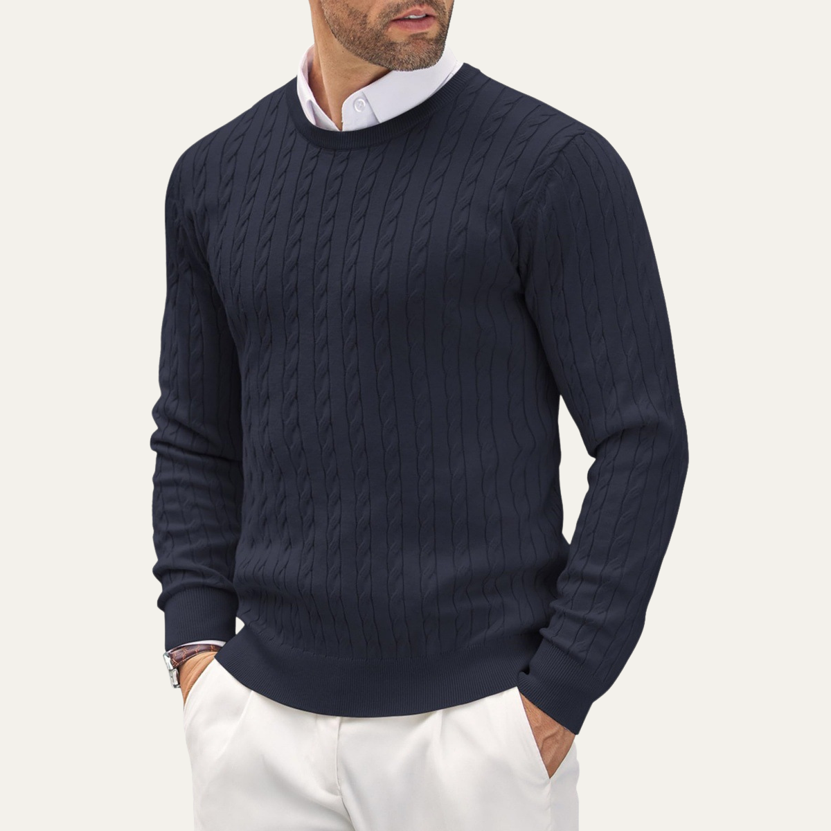 Axel | Men's Cable Knit Sweater Camel Crew Neck