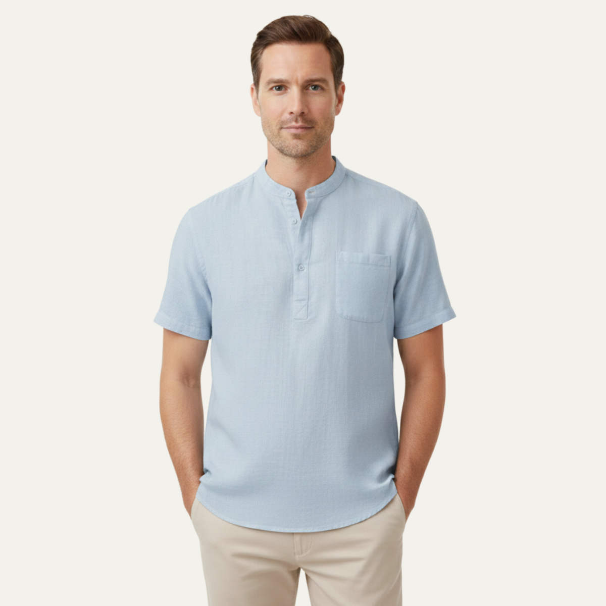 Callum | Men's Casual Linen Henley Black Short Sleeve