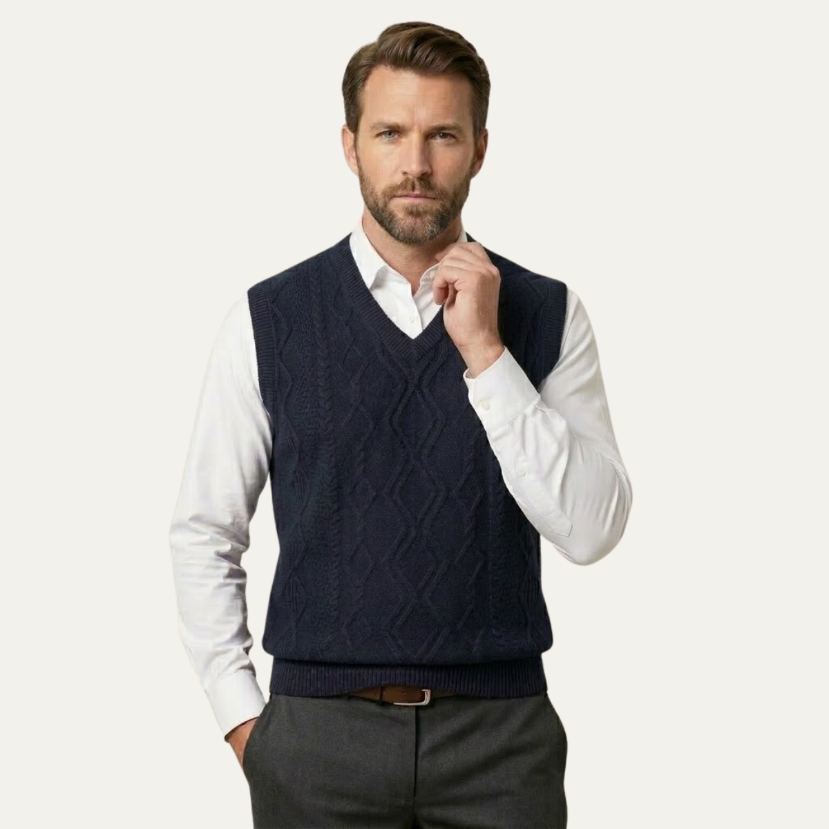 Landon | Men's Cable Knit V Neck Sweater Vest Navy