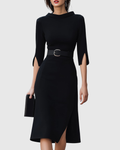 Dama Washington Elise women's black midi dress belted cowl neck - front view