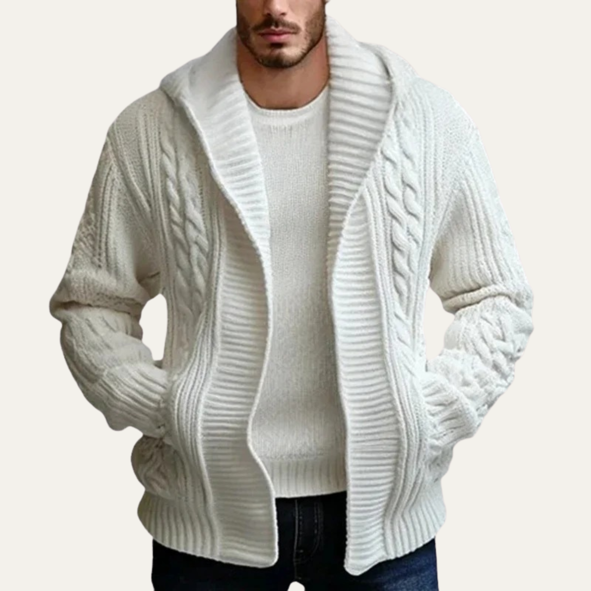 Axel | Men's Cable Knit Zip Up Hoodie Cream