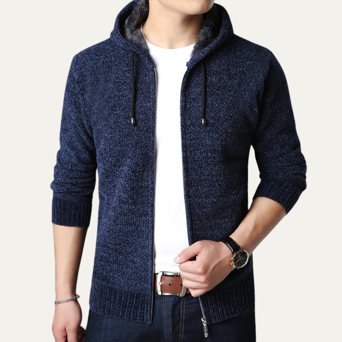 Bram | Men's Casual Zip Up Hoodie Navy Heathered Knit