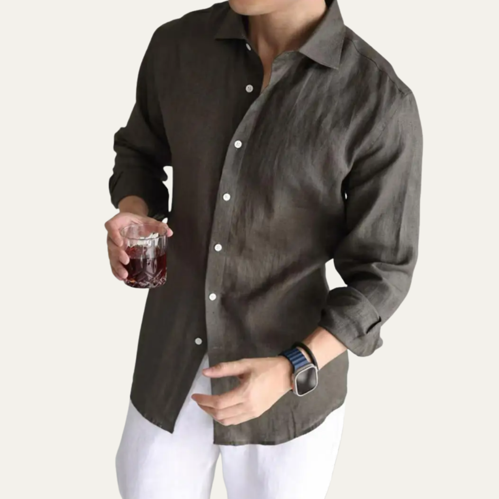 Dama Washington Callum men's linen button up shirt charcoal - front view