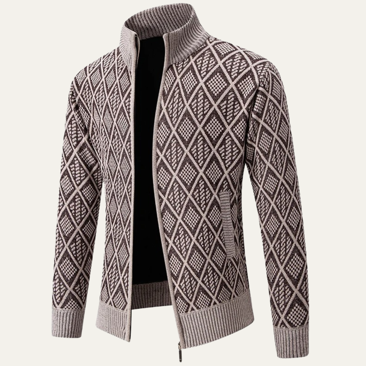 Sage | Men's Argyle Zip Up Cardigan Cream Diamond Knit