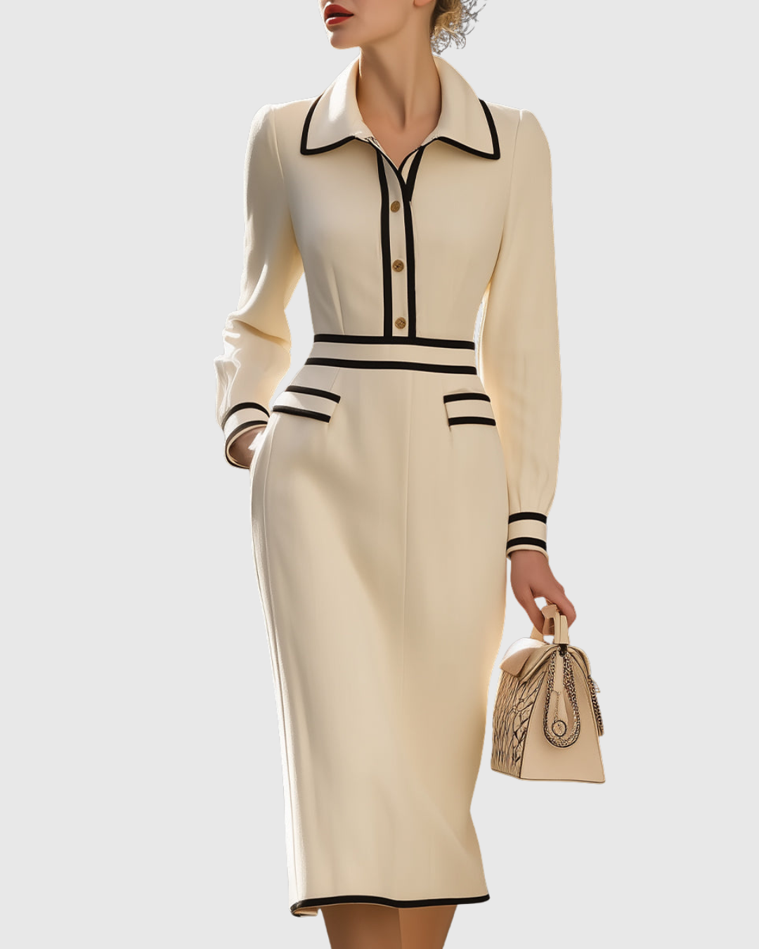 Cora | Women's Midi Dress Cream Collared Button Front