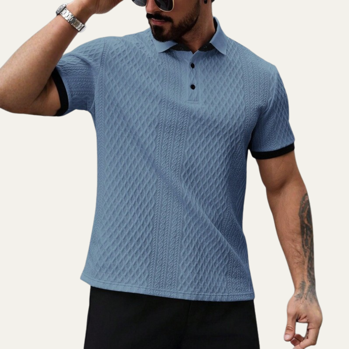 Cole | Men's Textured Polo Shirt Light Blue Contrast Trim