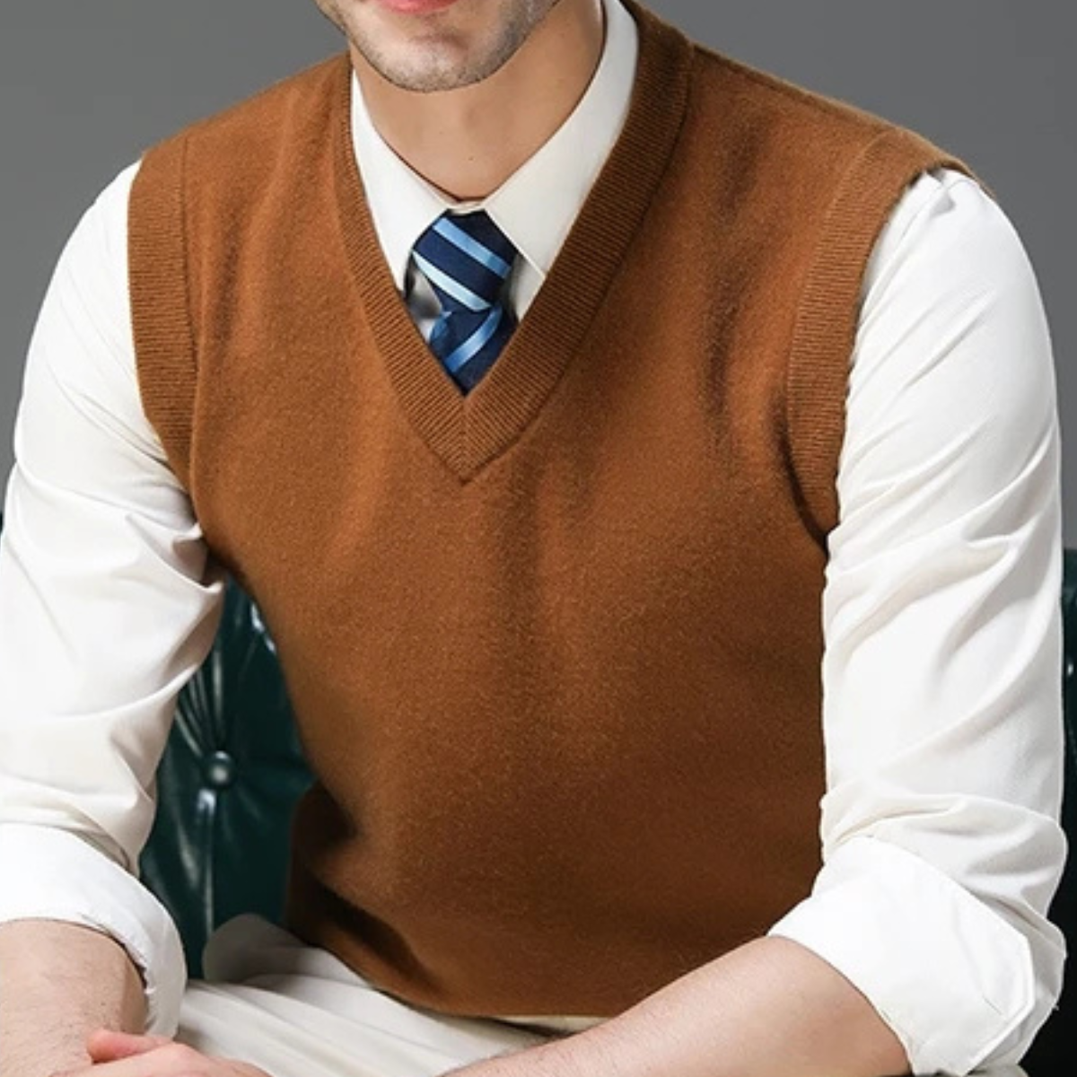 Orson | Men's V Neck Sweater Vest Brown Knit