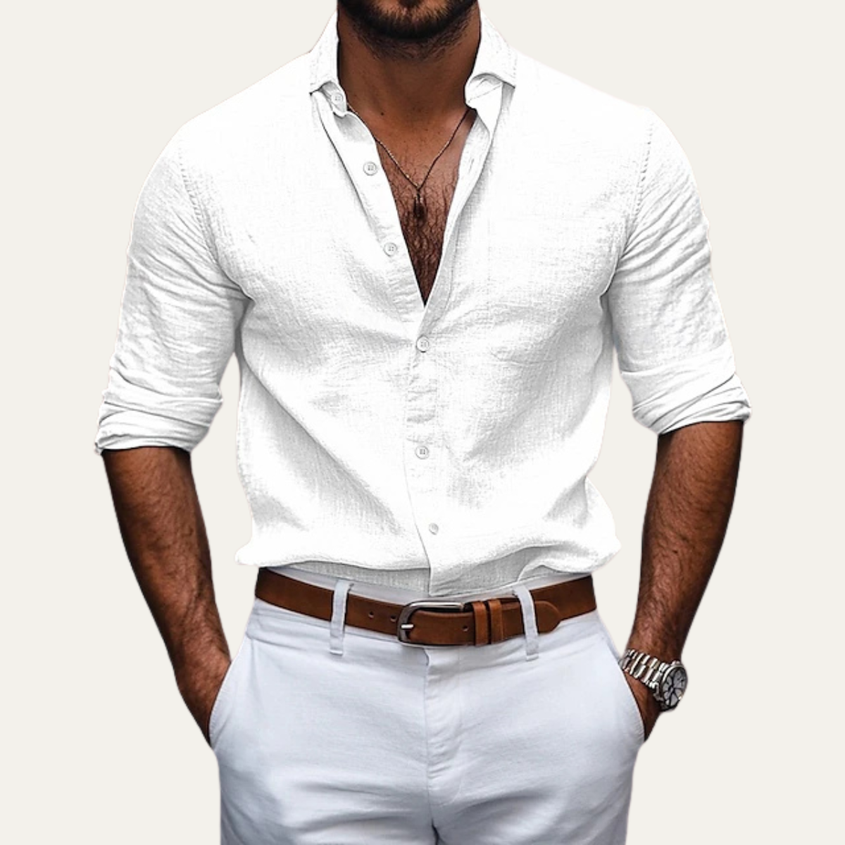 Beau | Men's Linen Button Up Shirt Light Blue Long Sleeve