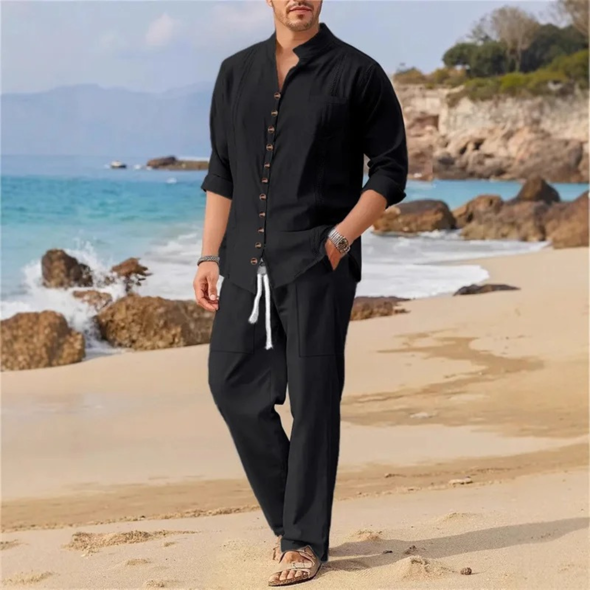 Axel | Men's Linen Sweatsuit Pink Button Up