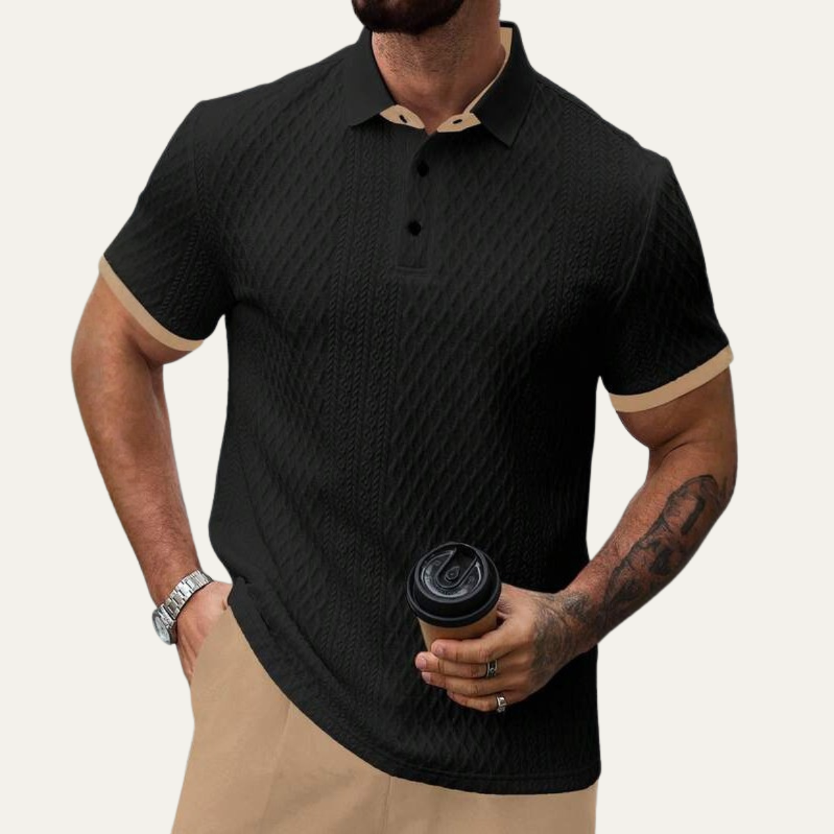 Axel | Men's Textured Polo Shirt Black Contrast Trim