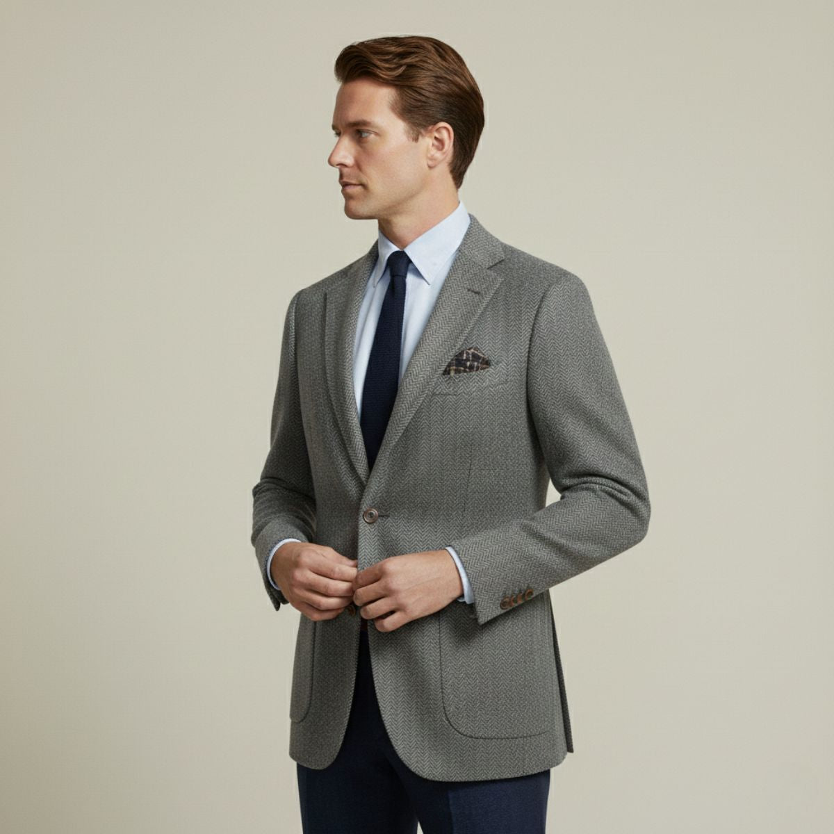 Evan | Men's Navy Herringbone Wool Blazer Single Breasted