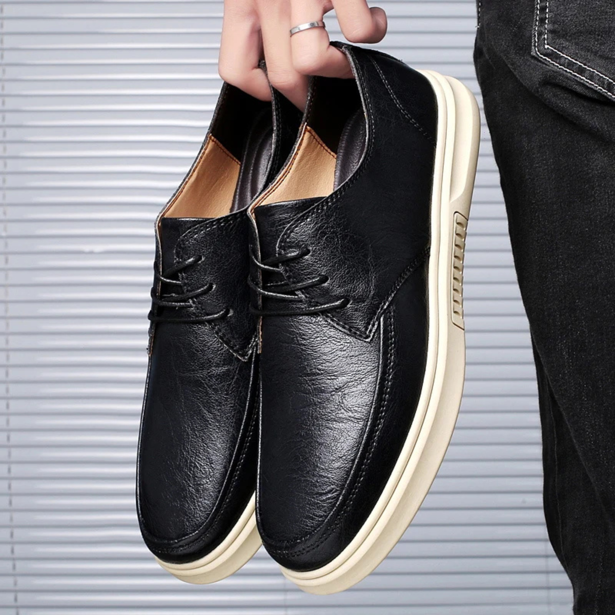 Bram | Men's Leather Lace Up Sneaker Black Cream Sole