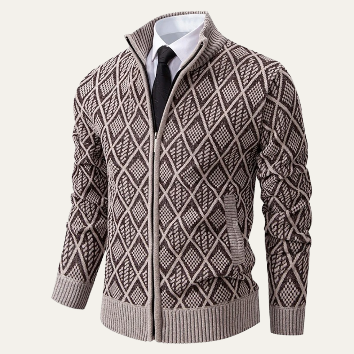 Ezra | Men's Smart Casual Diamond Patterned Cardigan Cream