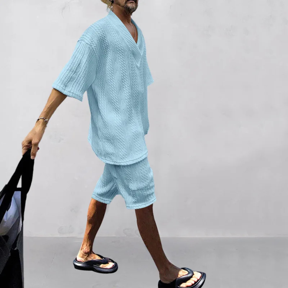 Bram | Men's Lounge Set Light Blue Cable Knit V Neck Shorts