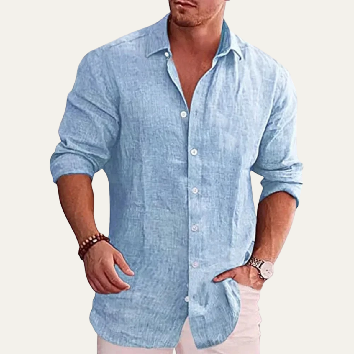 Ezra | Men's Linen Shirt Cream Button Up Long Sleeve