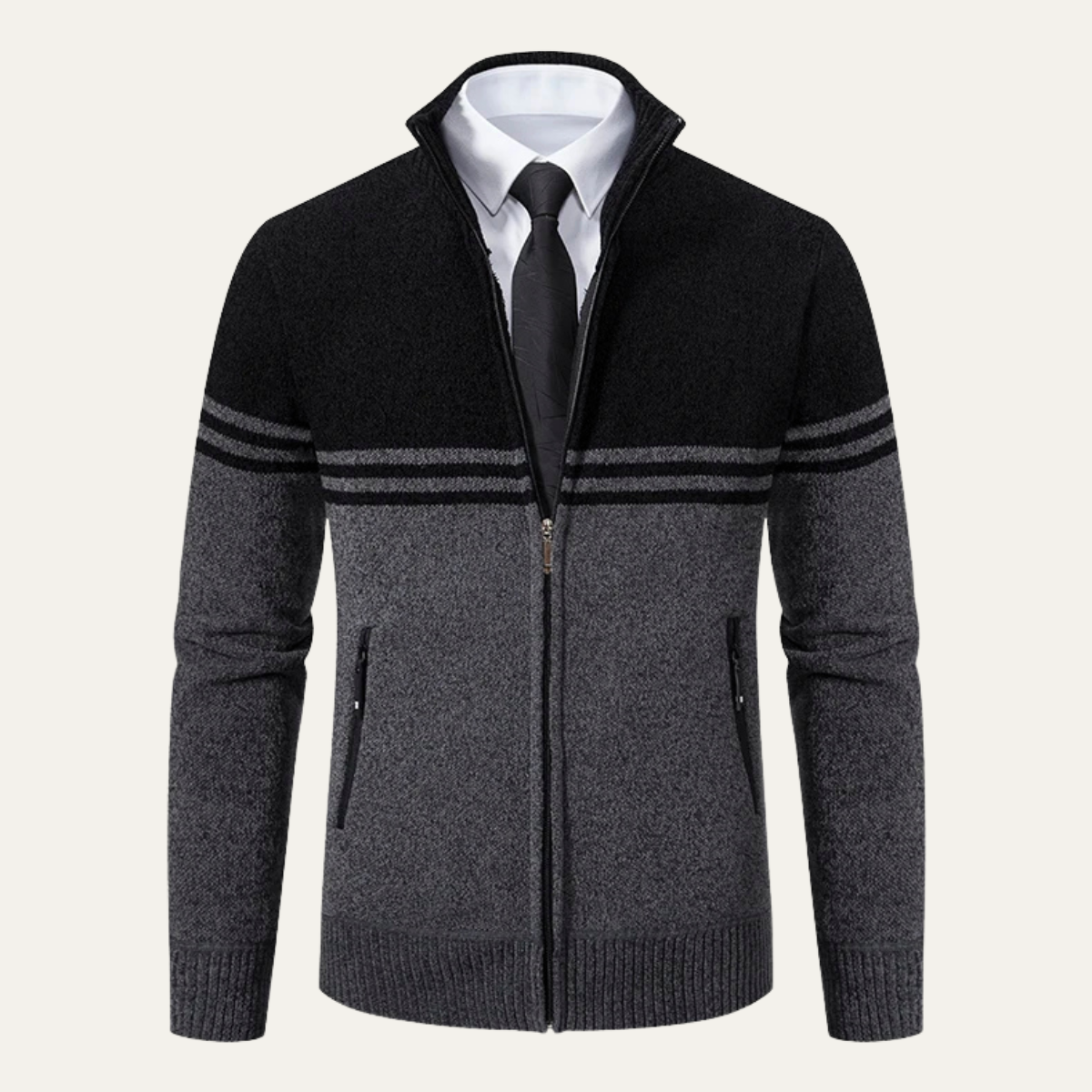 Voss | Men's Striped Zip Up Cardigan Gray Navy