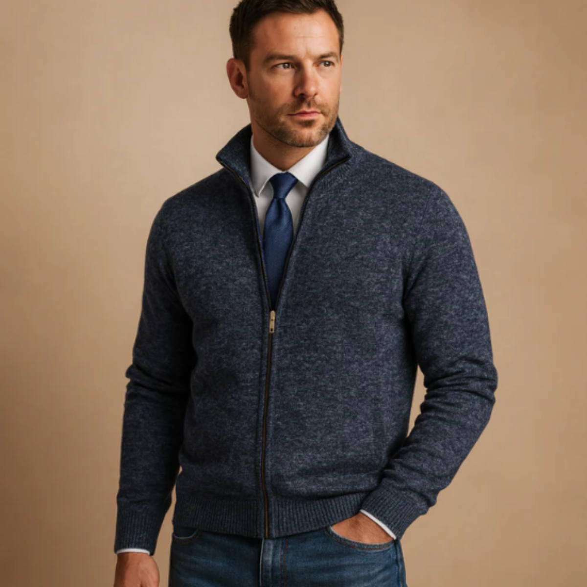 Beau | Men's Wool Blend Zip Cardigan Cream Stand Collar
