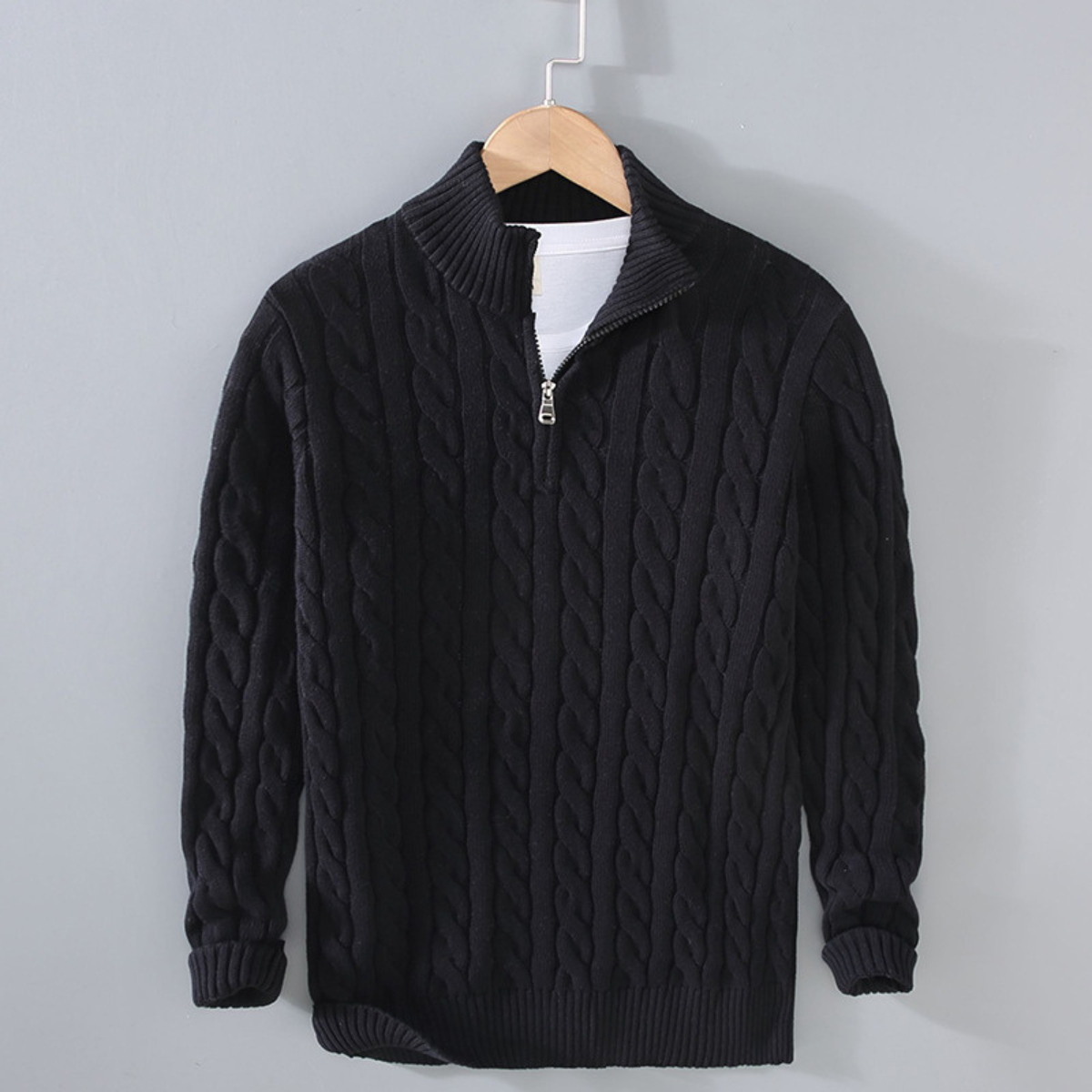 Dama Washington Beau men's cable knit quarter zip sweater black - front view