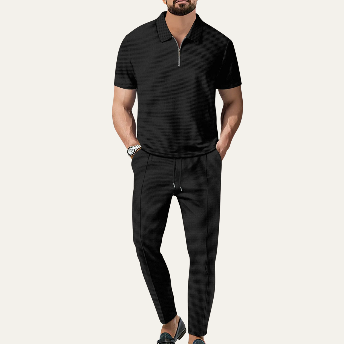 Callum | Men's Sweatsuit White Textured Short Sleeve Polo